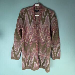 Lucky Brand Sweater Cardigan Womens Medium Metallic Stitch Chevron Open Front
